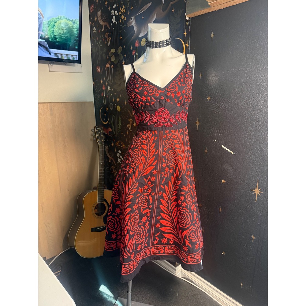 Magic Womens 3X Black Red Floral Embroidered Empire Waist Midi Sun Dress